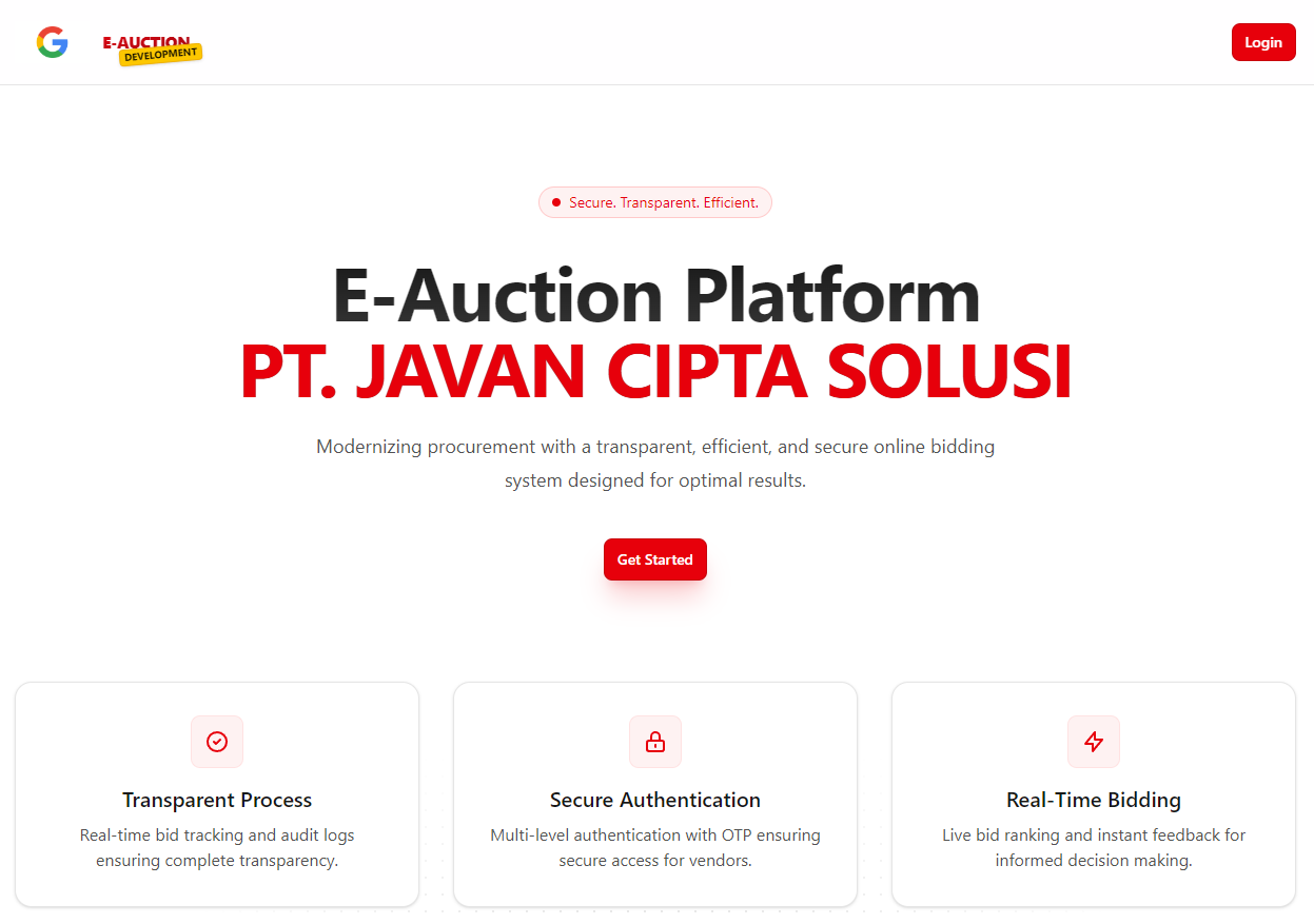 Tampilan halaman utama platform E-Auction Javan